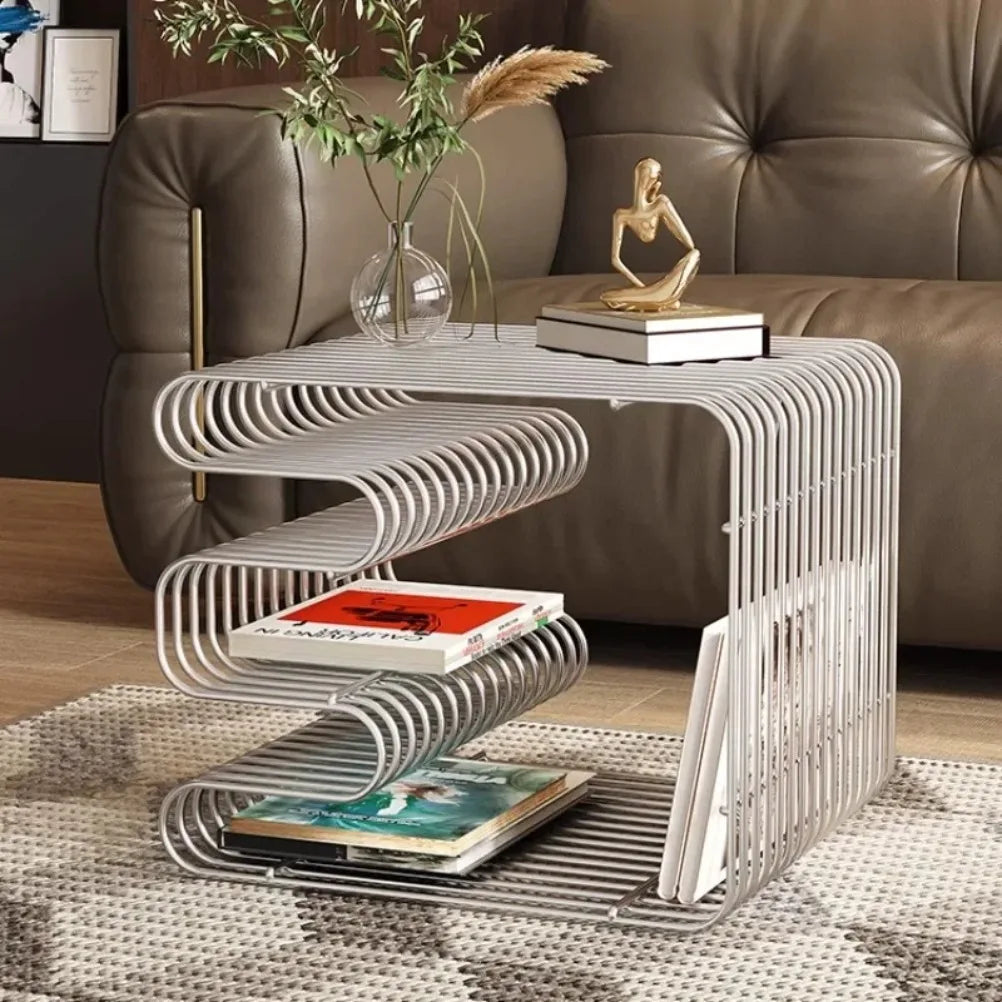 Side Table Metal Accent Table Integrated Magazine Rack Compact End Furniture – Red