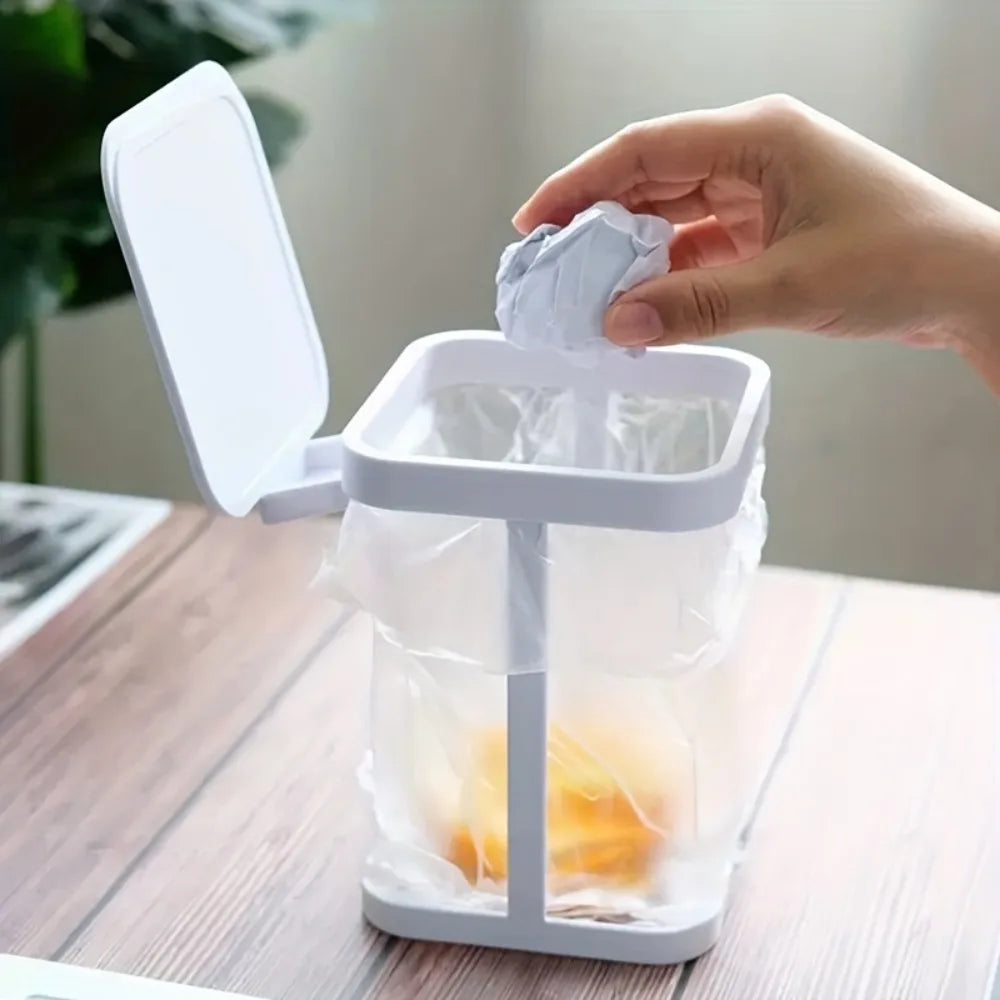 Foldable Mini Trash Bag Holder Portable Desktop Kitchen Food Waste Bin with Lid – White
