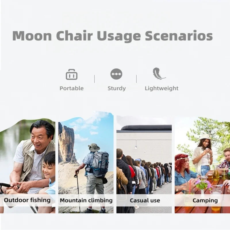 Camping Folding Chair Portable Moon Chair Ultralight Aluminum Outdoor Seat Backrest - Black