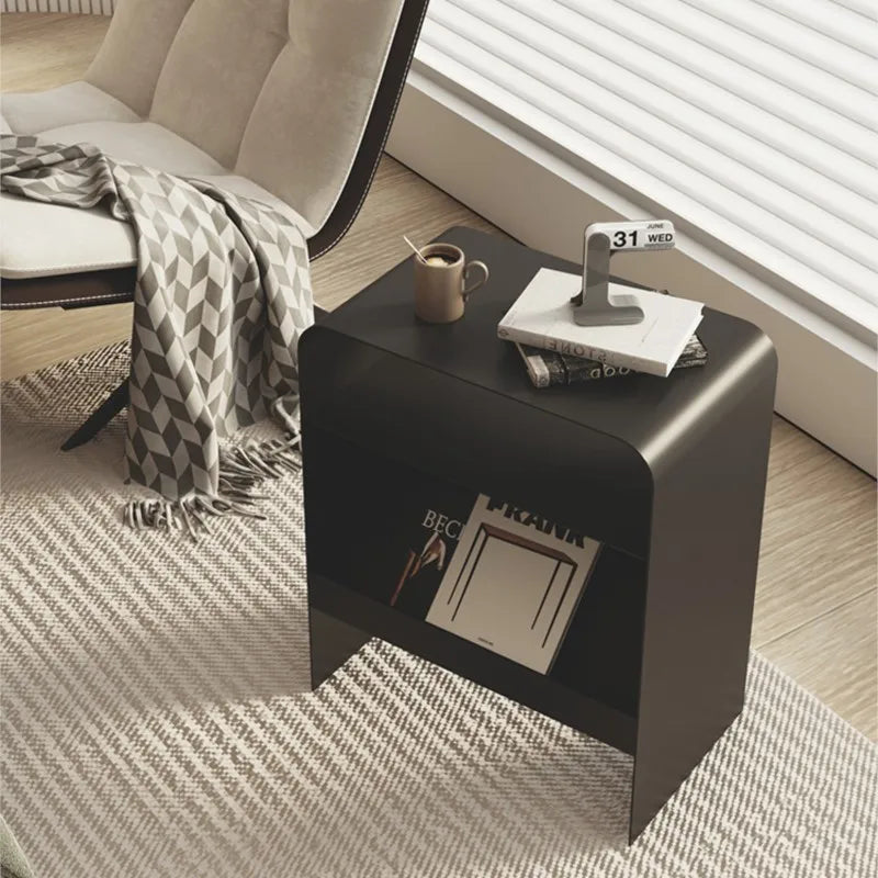 Side Table Iron Frame Built In Storage Rack Compact Bedside Table – Silver