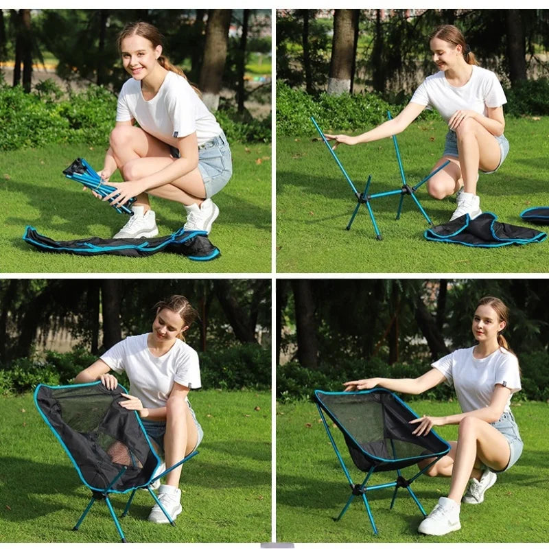 Camping Folding Chair Portable Moon Chair Ultralight Aluminum Outdoor Seat Backrest - Blue