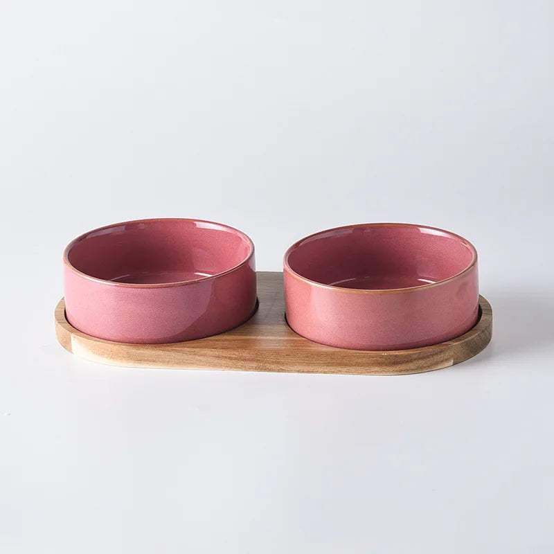 Ceramic Double Pet Feeding Bowl 850ml Raised Wooden Stand Anti-Spill Food Water Dish 15.5cm - Pink