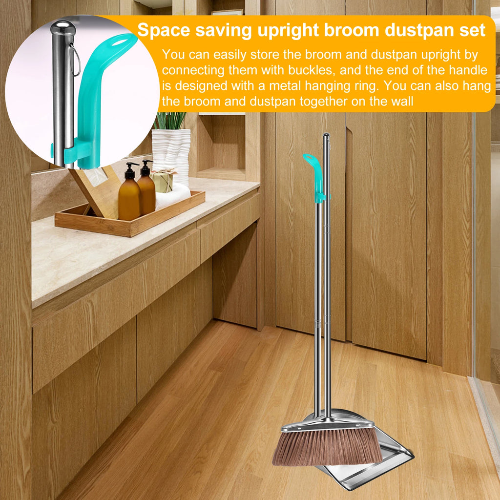 Broom and Dustpan Set Stainless Steel Long Handle Sweeping Cleaning Combo Square Dustpan