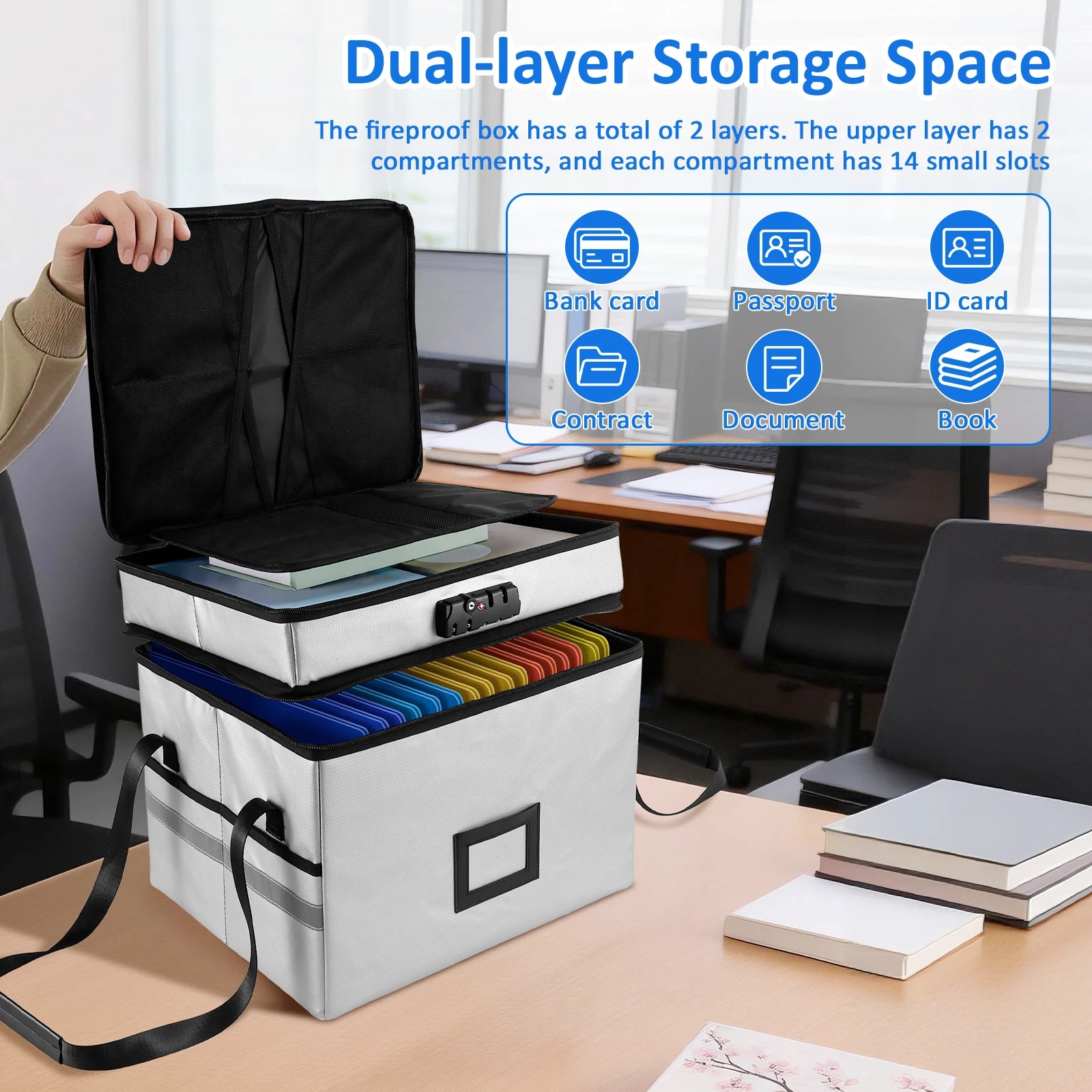 Storage Box Portable Waterproof 2 Layer Document Organizer with Combination Lock Large Capacity - Grey