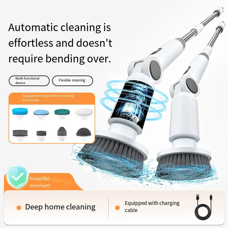 Electric Spin Scrubber 8 in 1 Cordless Waterproof Cleaning Brush Adjustable Extension Handle Bathroom Cleaner