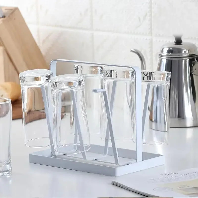Cup Drying Rack Countertop Mug Holder Organizer with Drainage Tray and 6 Hooks – Black
