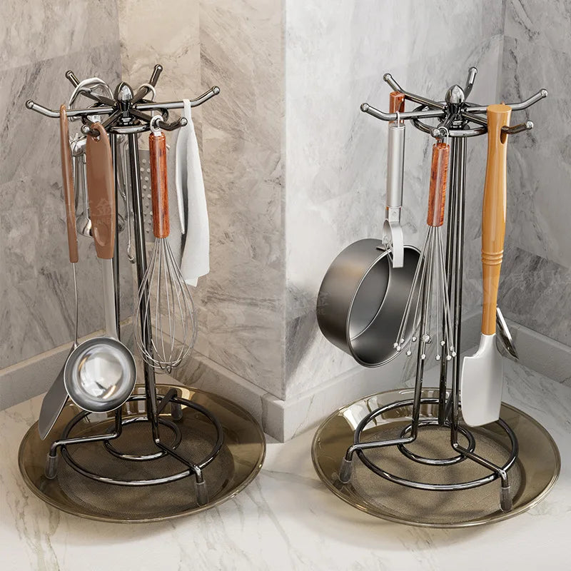 Rotating Kitchen Utensil Holder with Drip Tray 360° Metal Countertop Storage Rack – Chrome