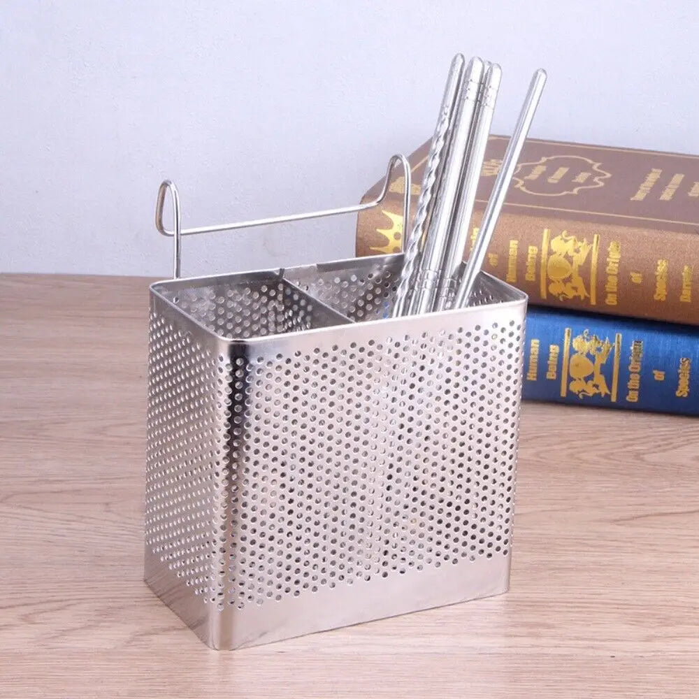 Chopstick Holder Stainless Steel Double Grid Utensil Drainer with Hooks - Silver