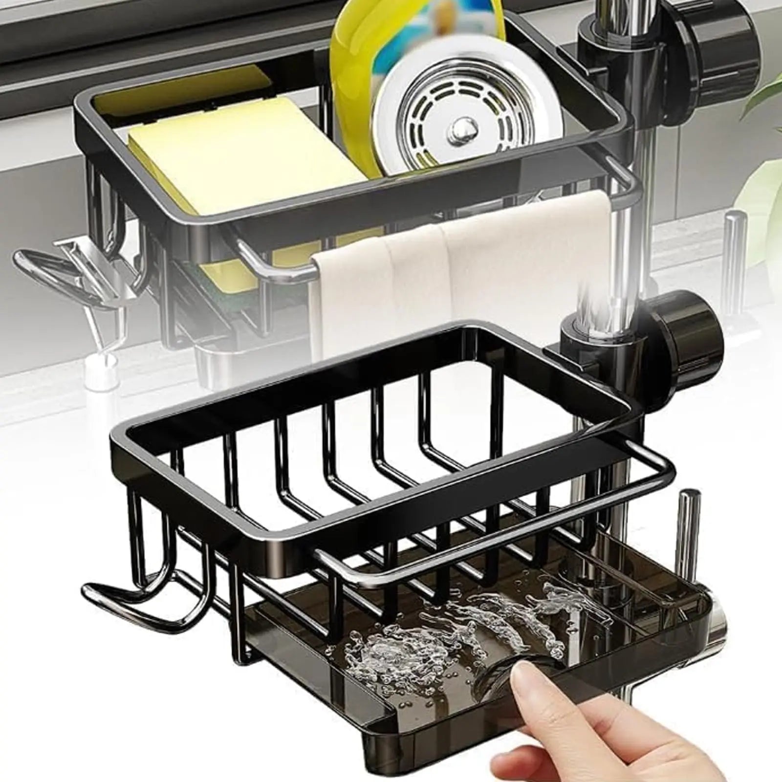 Kitchen Sink Faucet Organizer 3-in-1 Sponge Holder Storage Rack with Drain Tray and Towel Bar – Black