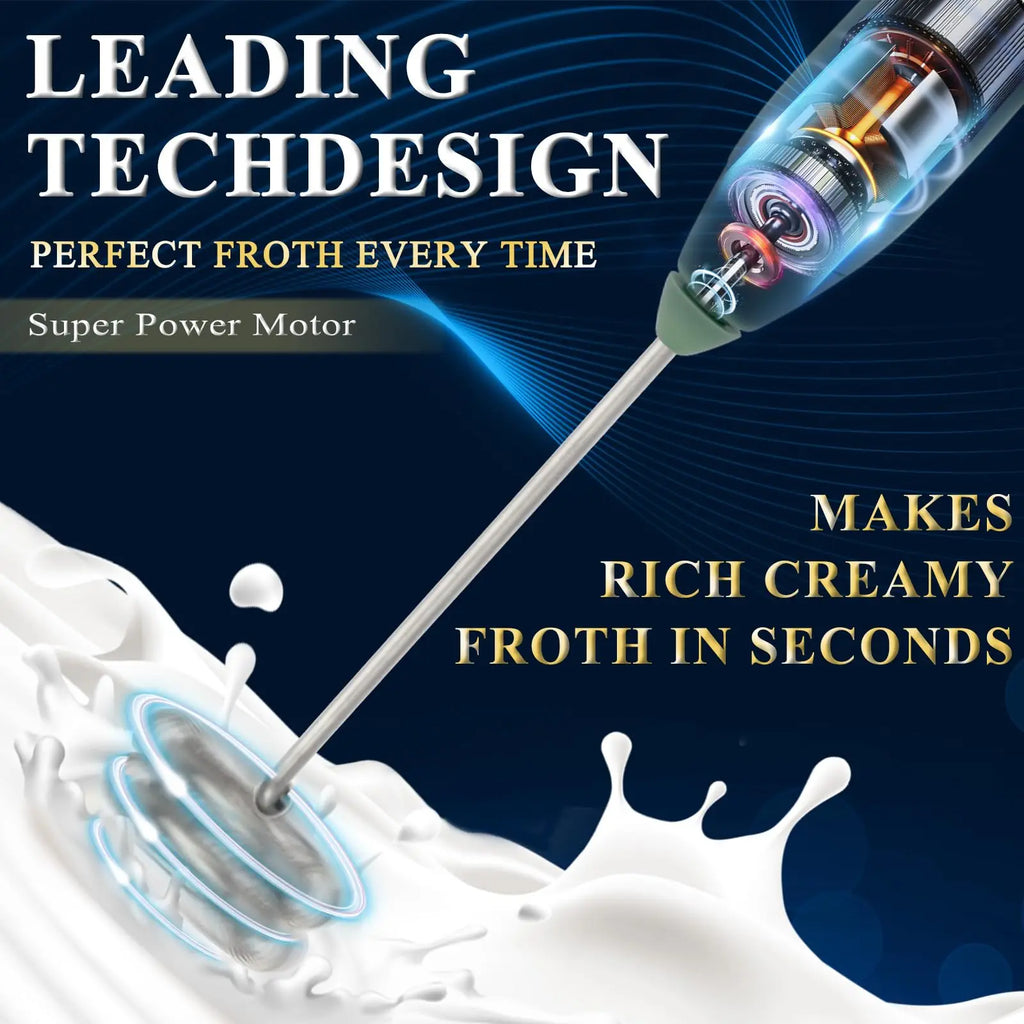 Rechargeable Electric Milk Frother 3 Speed Handheld Whisk with Dual Stainless Steel Heads and Stand – Black