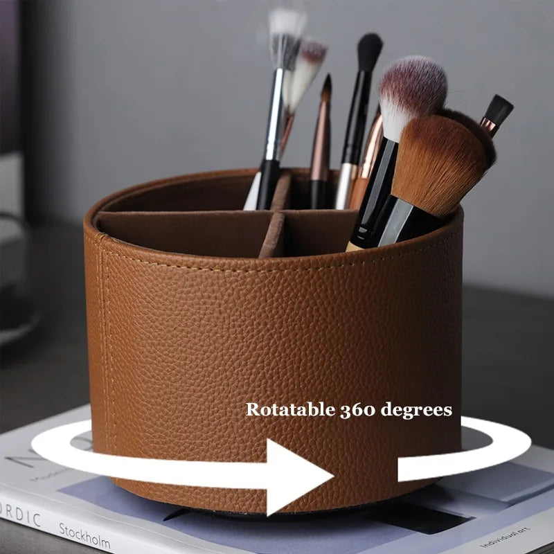 Storage Box Rotating Leather Desktop Organiser with Divided Storage - Brown