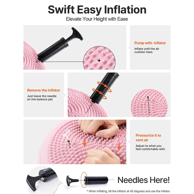 Balance Pad Inflatable PVC 34cm Wobble Cushion with Massage Surface and Pump for Core Training - Pink