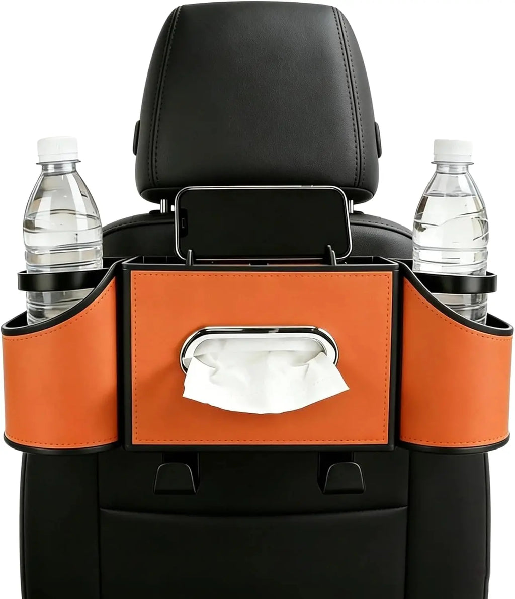 Backseat Car Organiser 4 in 1 Storage with Cup Holders Tissue Holder Phone Tray - Orange