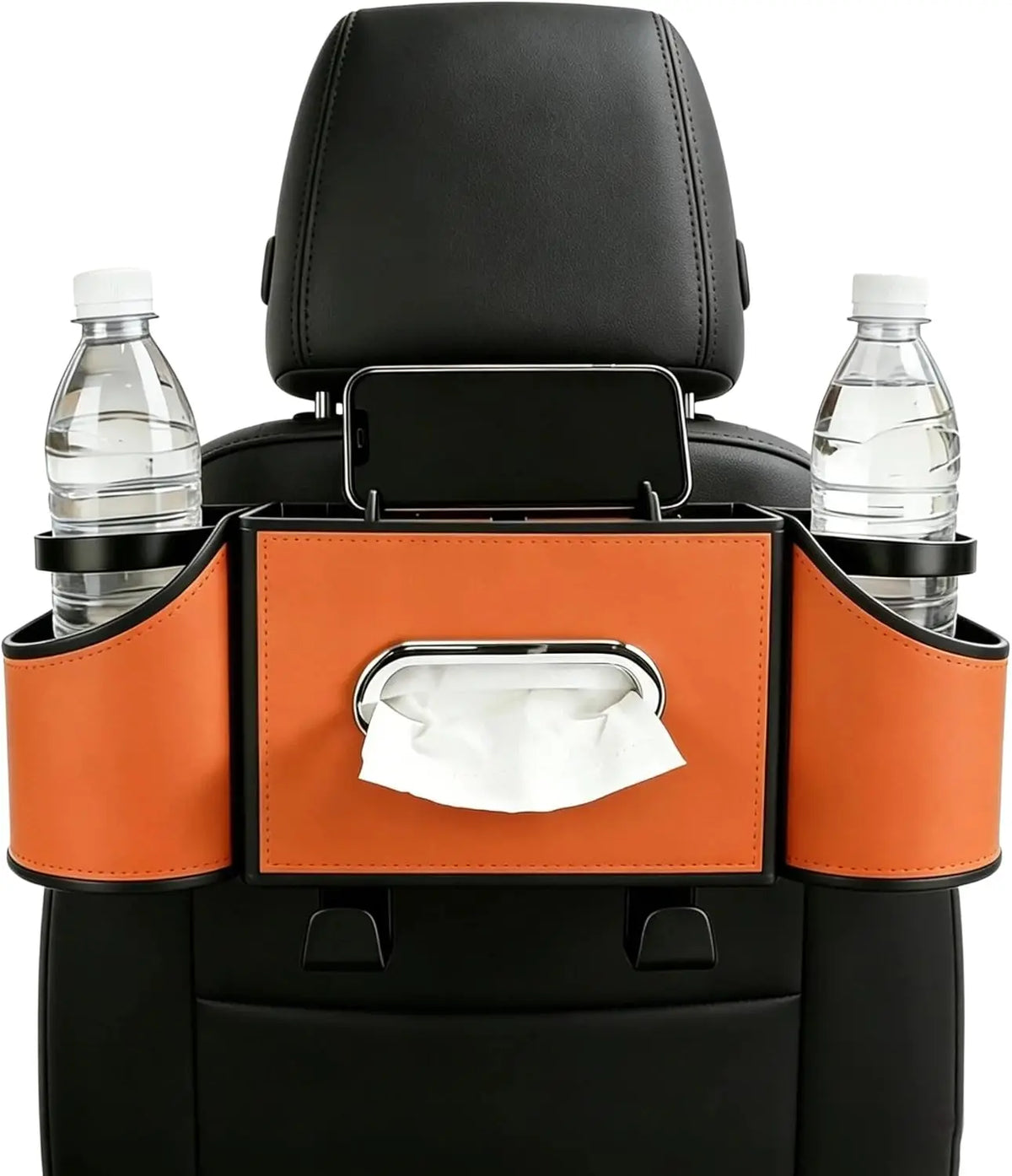 Backseat Car Organiser 4 in 1 Storage with Cup Holders Tissue Holder Phone Tray - Orange