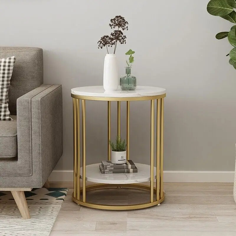 2-Tier Round Side Table with Marble-Style Top and Storage Shelf Gold and White