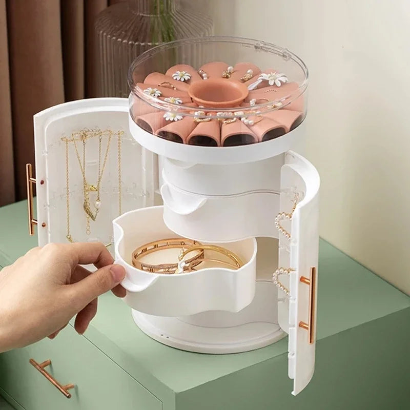 Rotating Jewelry Storage Box Desktop Organizer with Transparent Lid Multi-Layer Cosmetic and Accessories Holder – White