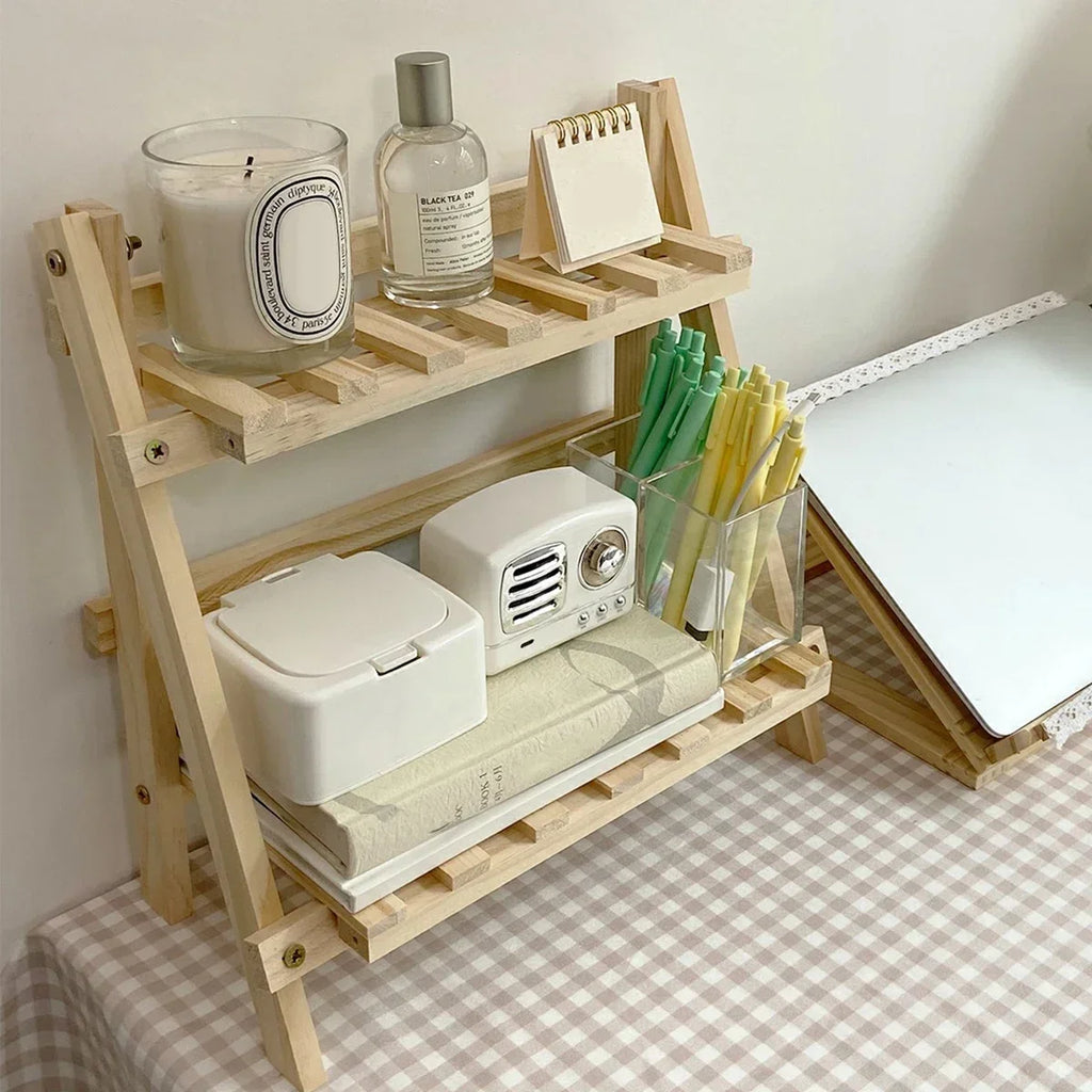 Wooden Desktop Storage Rack 2 Tier 35cm Space Saving Desk Organiser Shelf for Home Office Study
