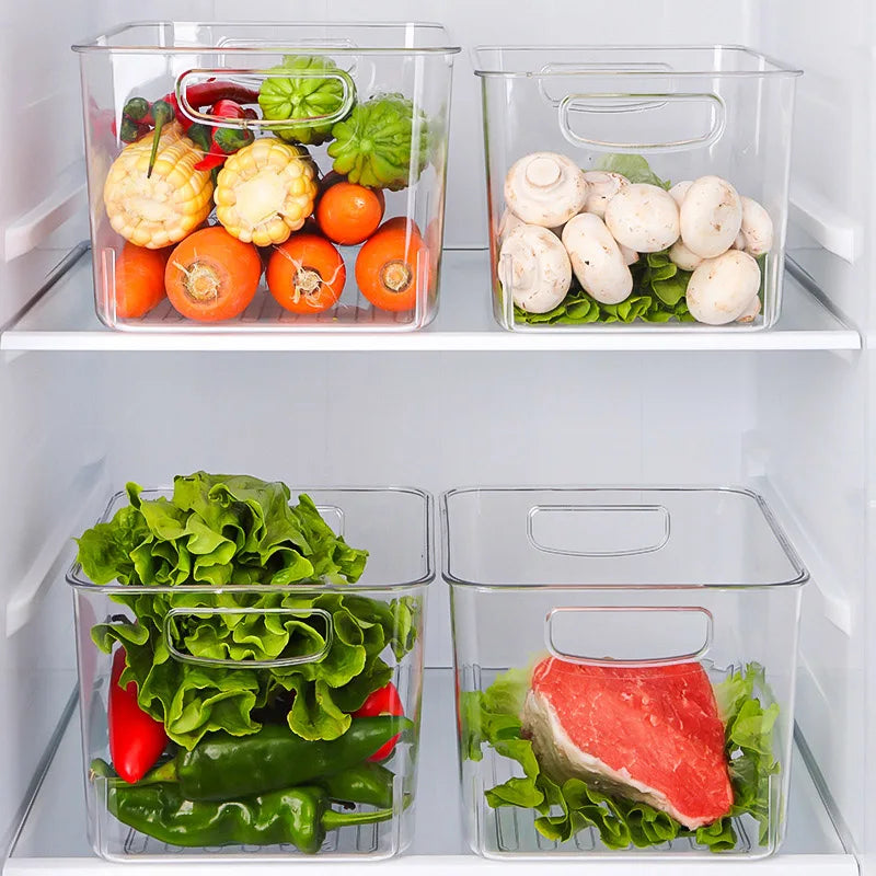 Small Refrigerator Storage Bin Transparent Stackable Food Organizer Container with Carry Handles