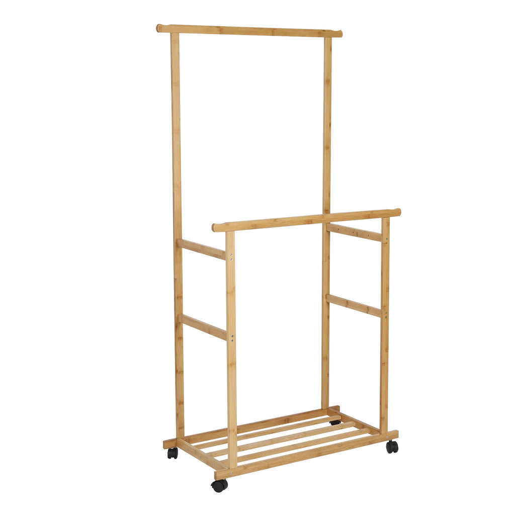 Double Rod Bamboo Clothes Rack with Rolling Wheels Freestanding Garment Stand with Storage Shelf – Natural Wood