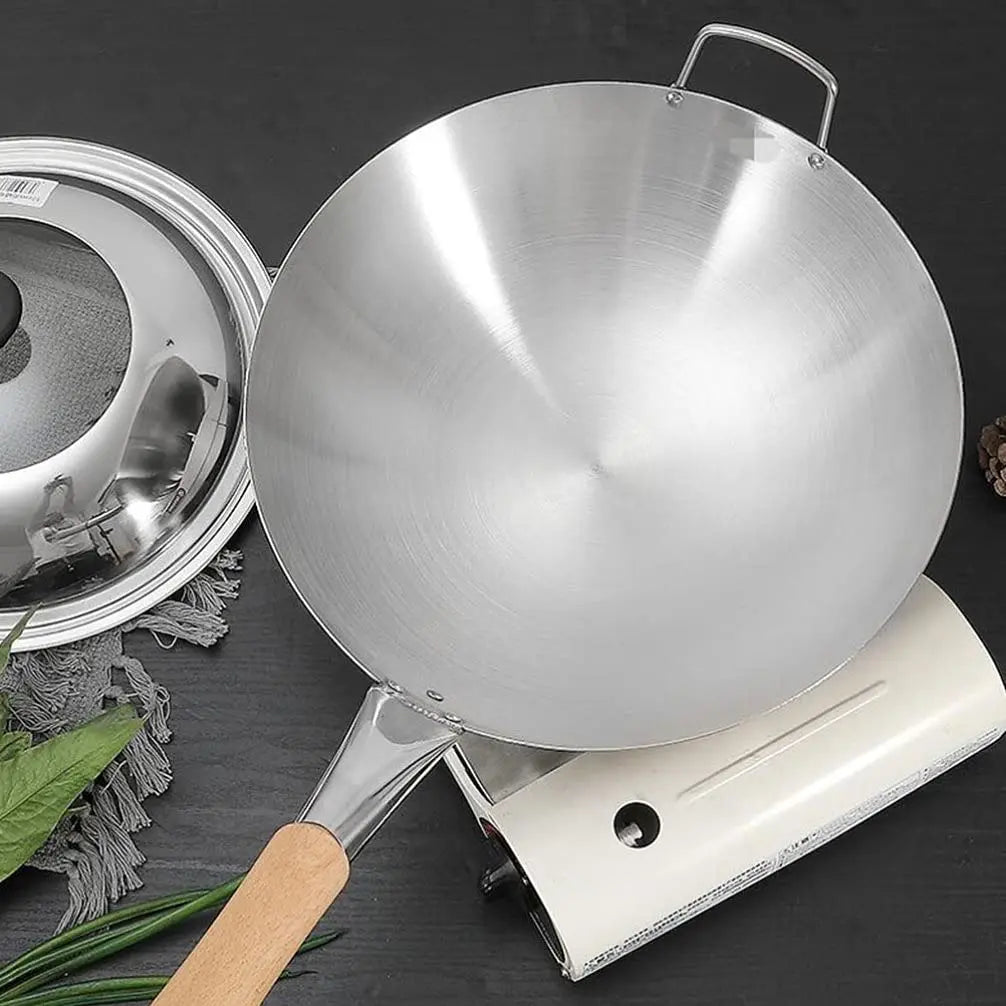 Wok 32cm Stainless Steel Round Bottom Chef Cooking Pan Beech Handle – Silver