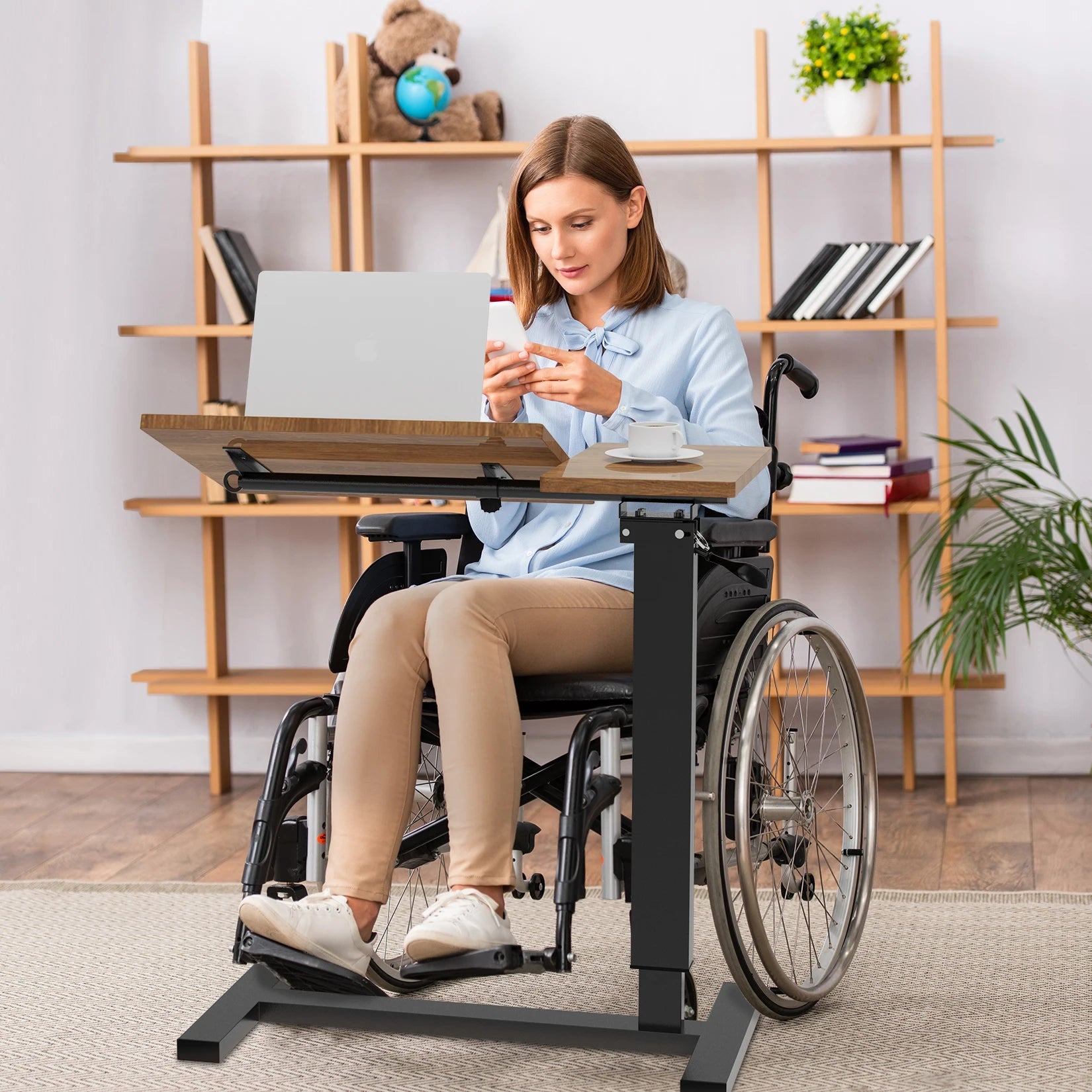 Height Adjustable Overbed Table with Rolling Wheels Mobile Laptop Desk Bedside Workstation – Brown