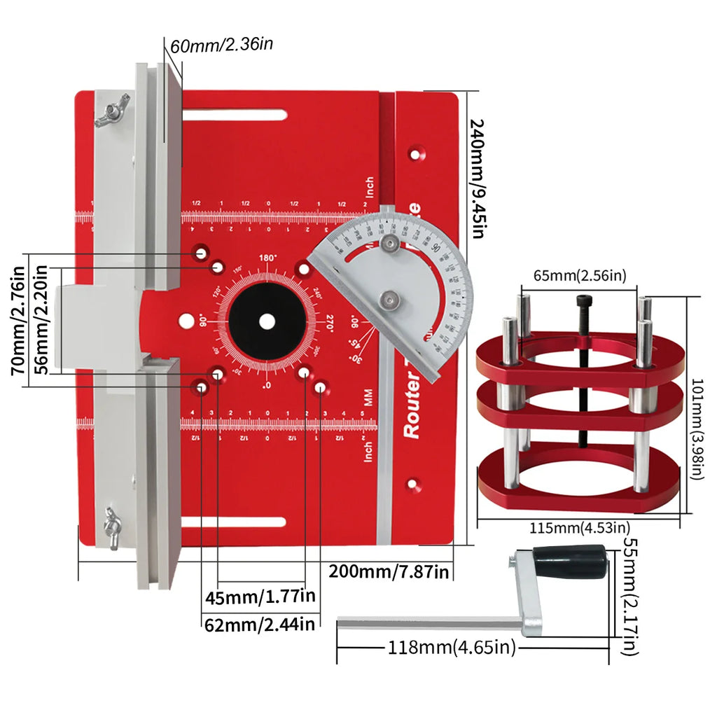 Router Table Insert Plate Set with Lift Base for Woodworking Trimming Slotting and Chamfering Red