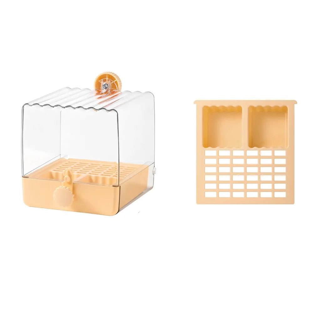 Transparent Parrot Bath Feeder Box Bird Bathtub with Bottom Drawer Splash Proof Cage Accessory – Orange