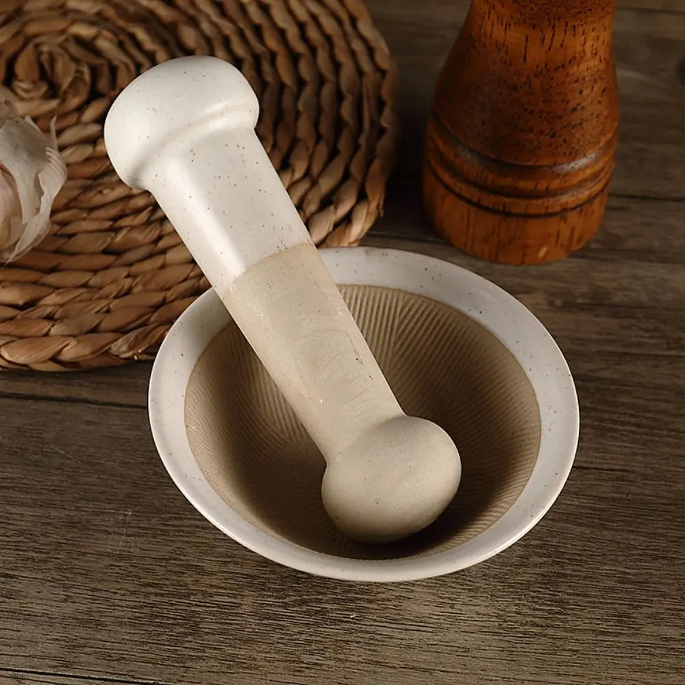 Ceramic Mortar and Pestle Set Spice Herb Garlic Grinder Bowl Kitchen Food Preparation Tool – White