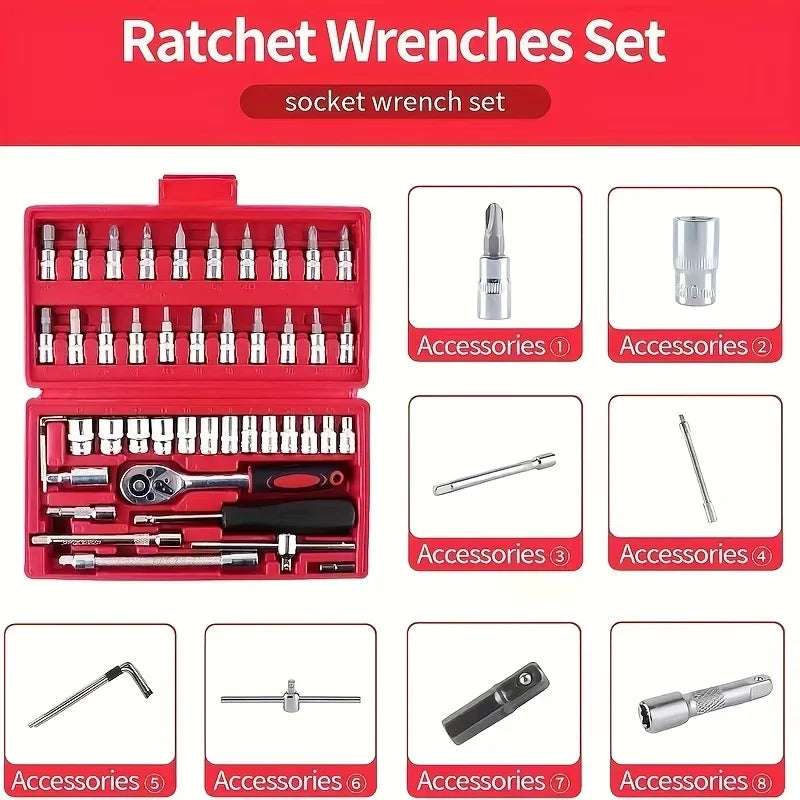 Socket Ratchet Wrench Set Heavy Duty 46pcs 1/4 Drive Multi Function Tool Kit