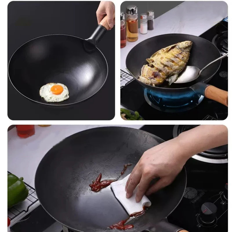 Carbon Steel Wok 32cm Round Bottom Stir Fry Pan Uncoated Cookware – Black