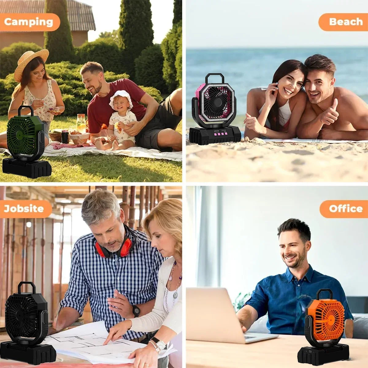 Camping Fan 20000mAh Rechargeable Portable Tent Air Circulator with LED Light – Orange