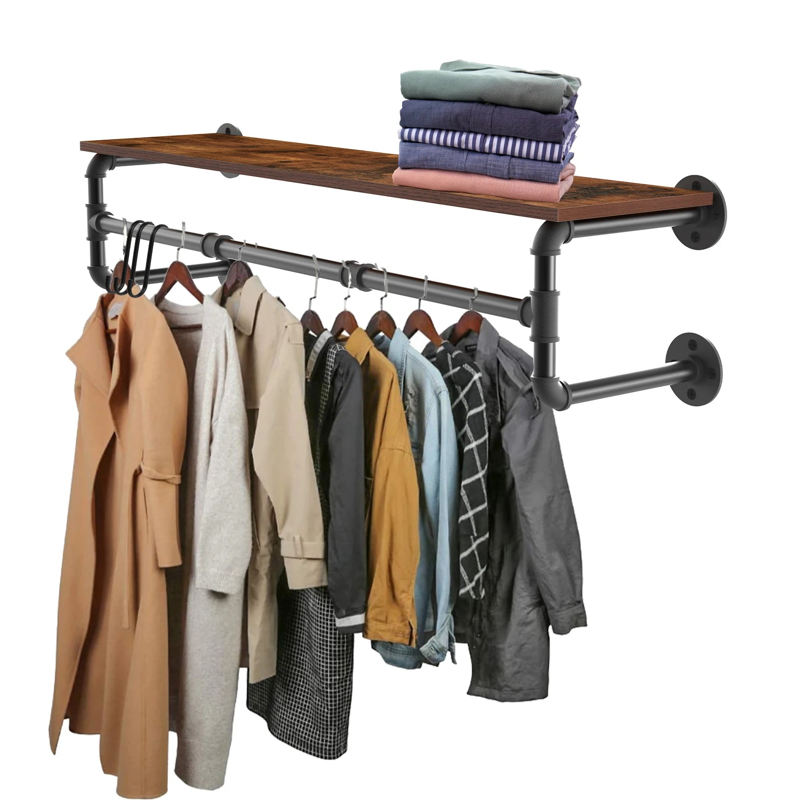 Garment Rack Wall Mounted Industrial Pipe Shelving Floating Clothing Display – Brown