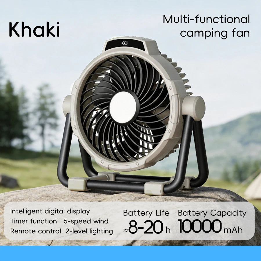 Camping Fan 10000mAh Rechargeable Portable Tent Air Circulator with LED Light – Khaki