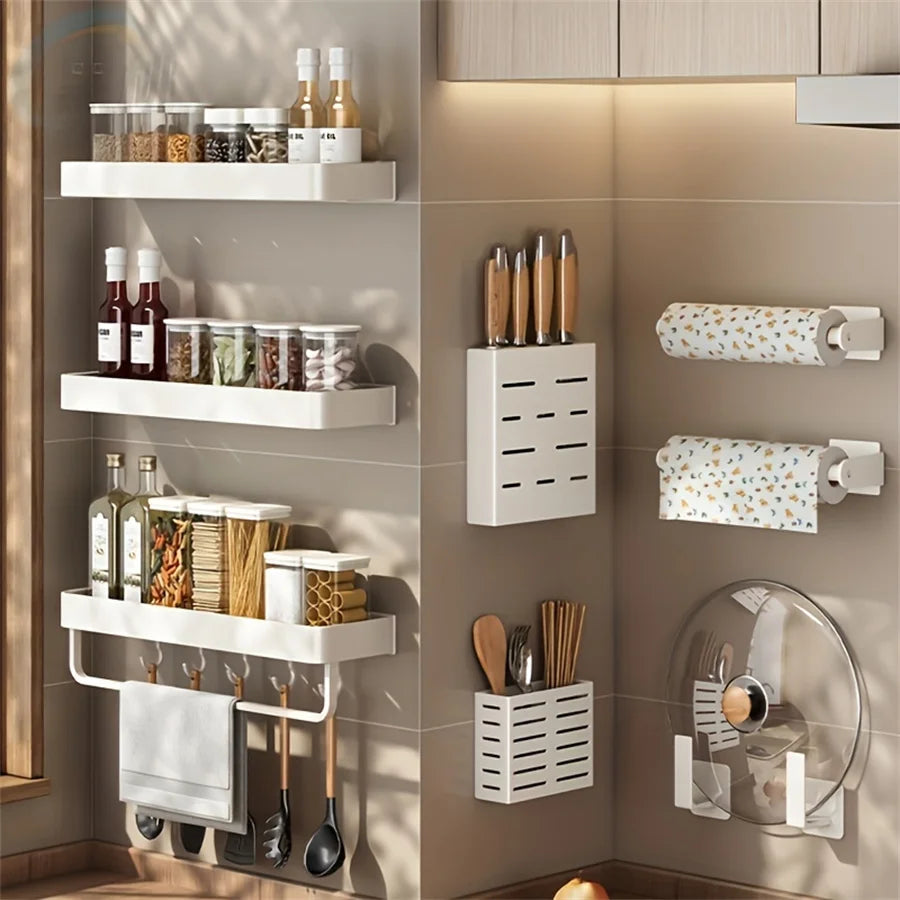 Wall Mounted Aluminum Kitchen Spice Rack with Hooks Storage Shelf Organizer – 50cm