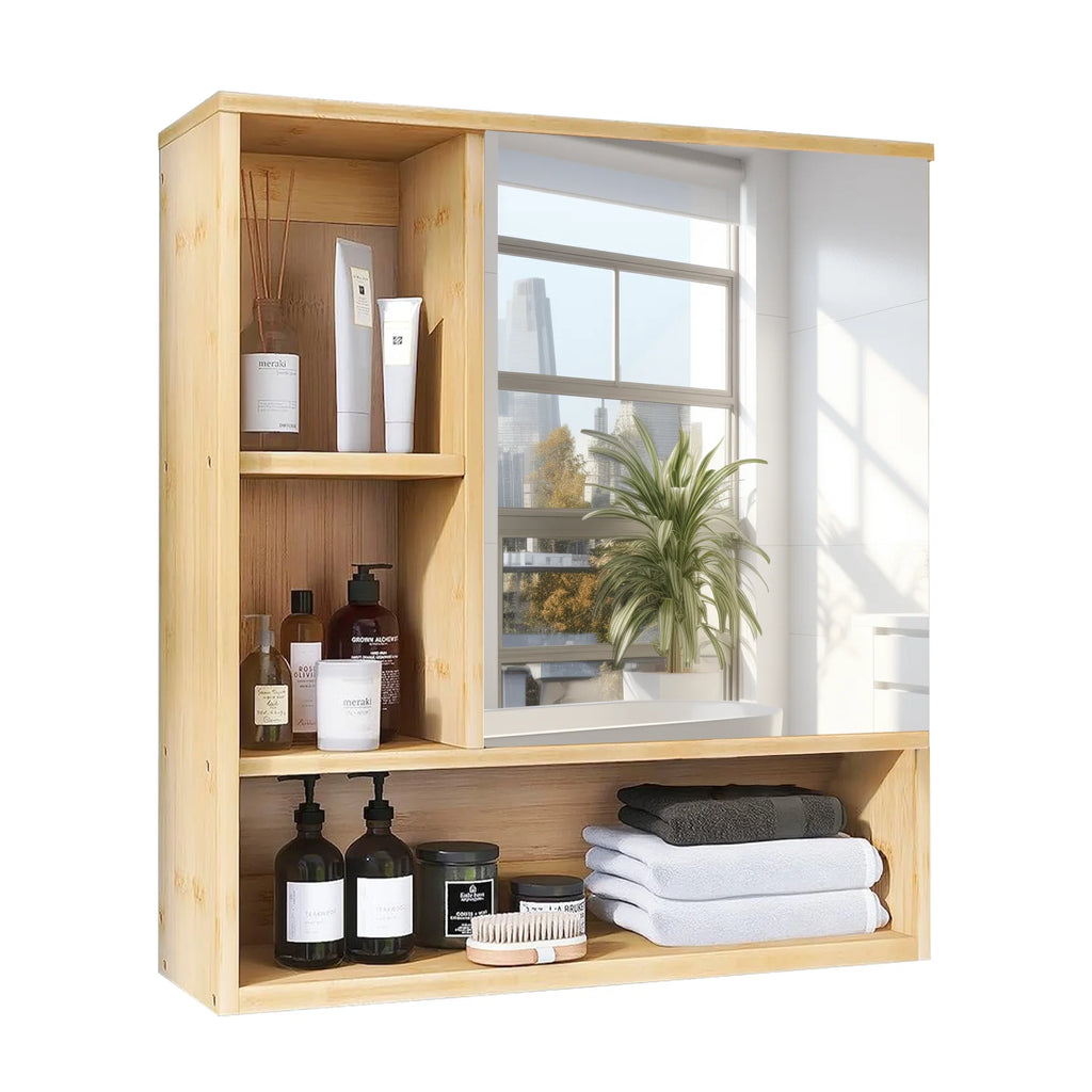 Wall Mounted Bamboo Bathroom Mirror Cabinet with Storage Shelves Medicine Cabinet Organizer – Natural Wood
