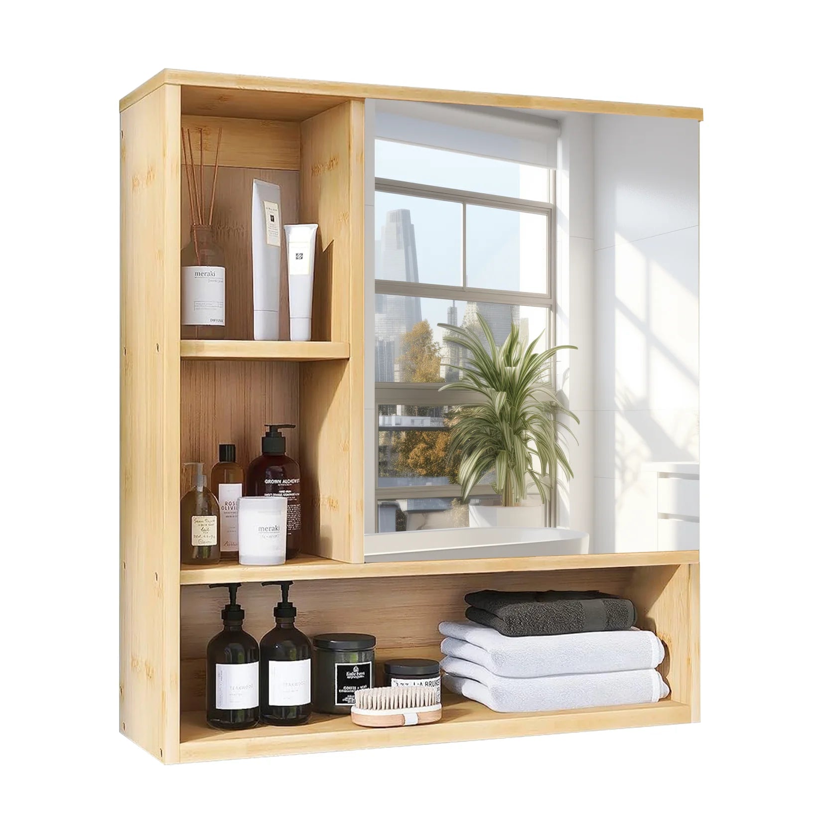 Wall Mounted Bamboo Bathroom Mirror Cabinet with Storage Shelves Medicine Cabinet Organizer – Natural Wood