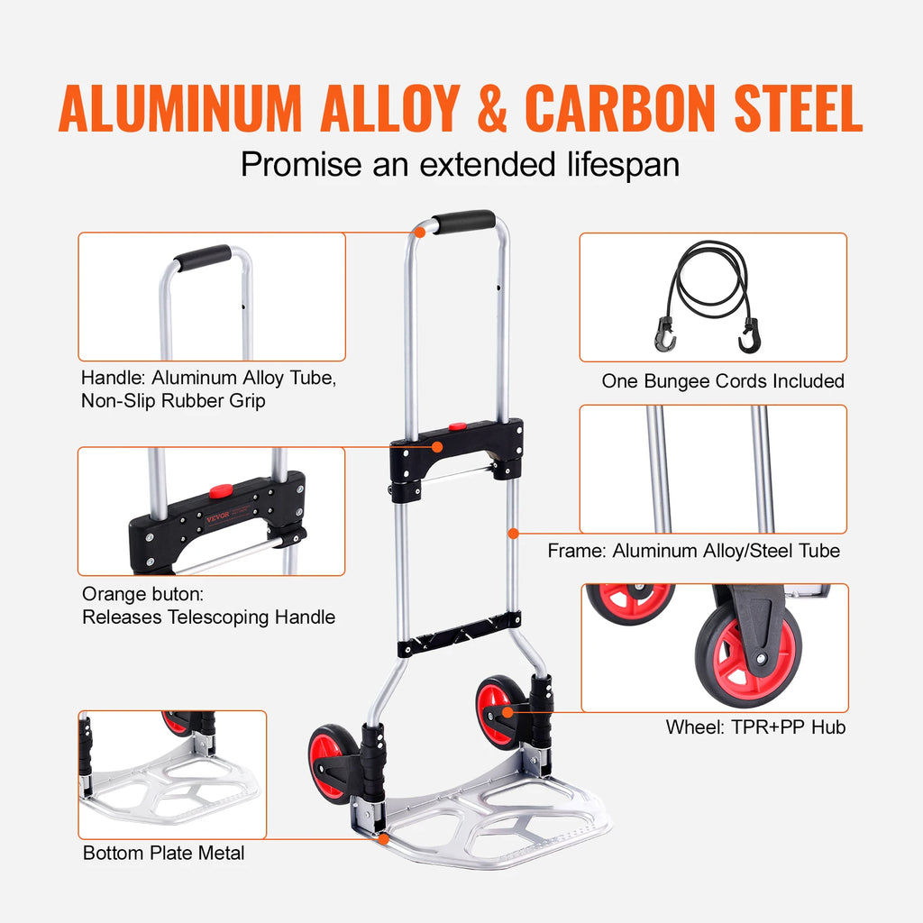 Folding Hand Truck 80kg Capacity Aluminum Alloy Portable Dolly Cart – Silver