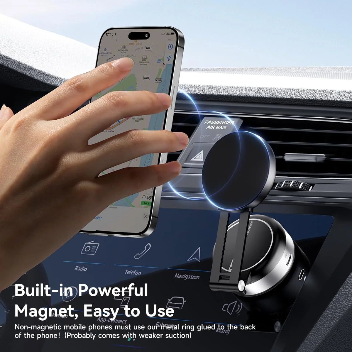 Phone Holder 130mAh Foldable Vacuum Mount 360° Rotating Telescopic Stand - Black