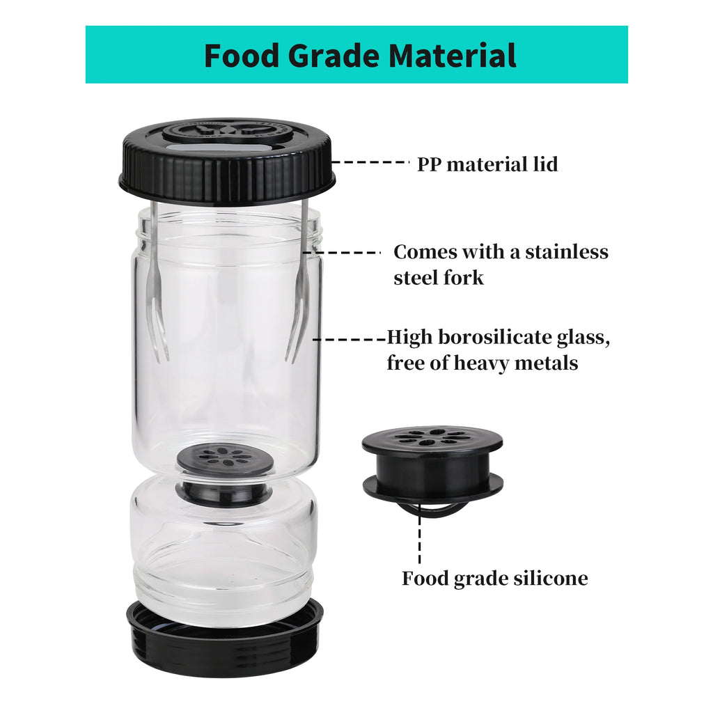 Olive and Pickle Jar Glass Hourglass Strainer with Flip Lid and 2 Forks - Black