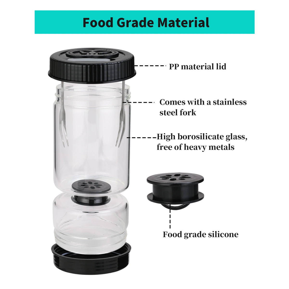 Olive and Pickle Jar Glass Hourglass Strainer with Flip Lid and 2 Forks - Black