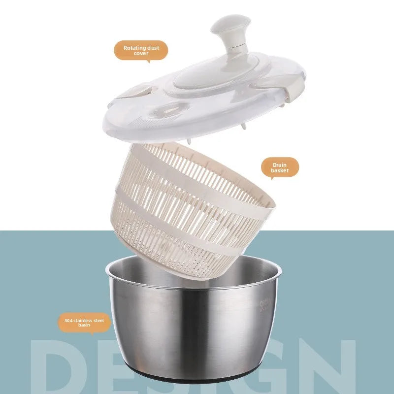 Salad Spinner 6L Stainless Steel Manual Vegetable Dryer Strainer Bowl – Silver