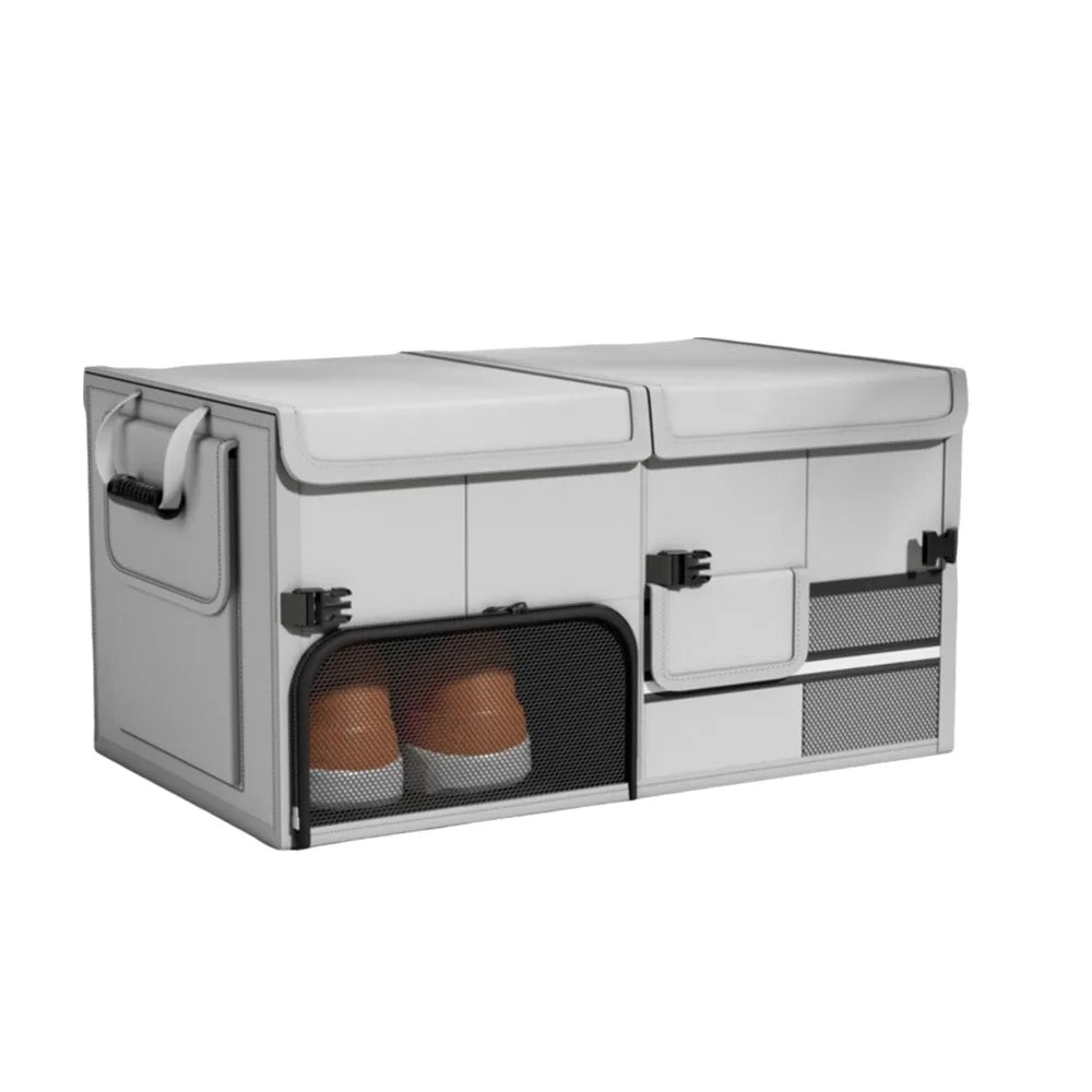 Foldable 60L Car Trunk Storage Box Waterproof Large Capacity Organizer with Shoe Compartment - Grey