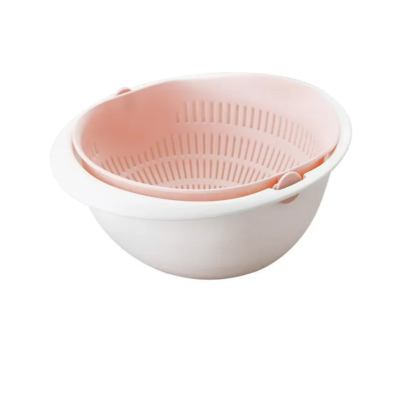 Rotating Double Layer Colander Bowl Fruit Vegetable Washing Drain Basket – Pink