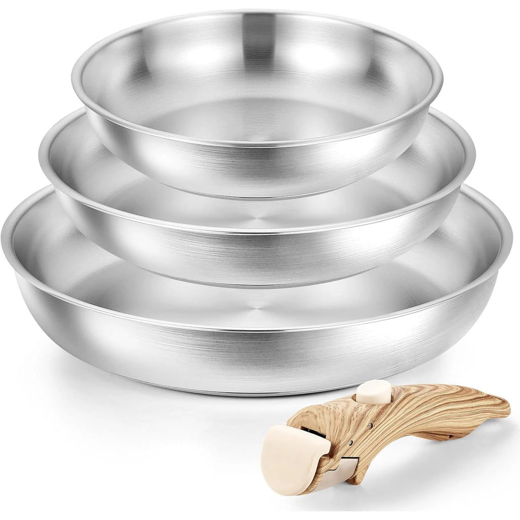 Stainless Steel Frying Pan Set with Removable Handle Induction Compatible 4PCS