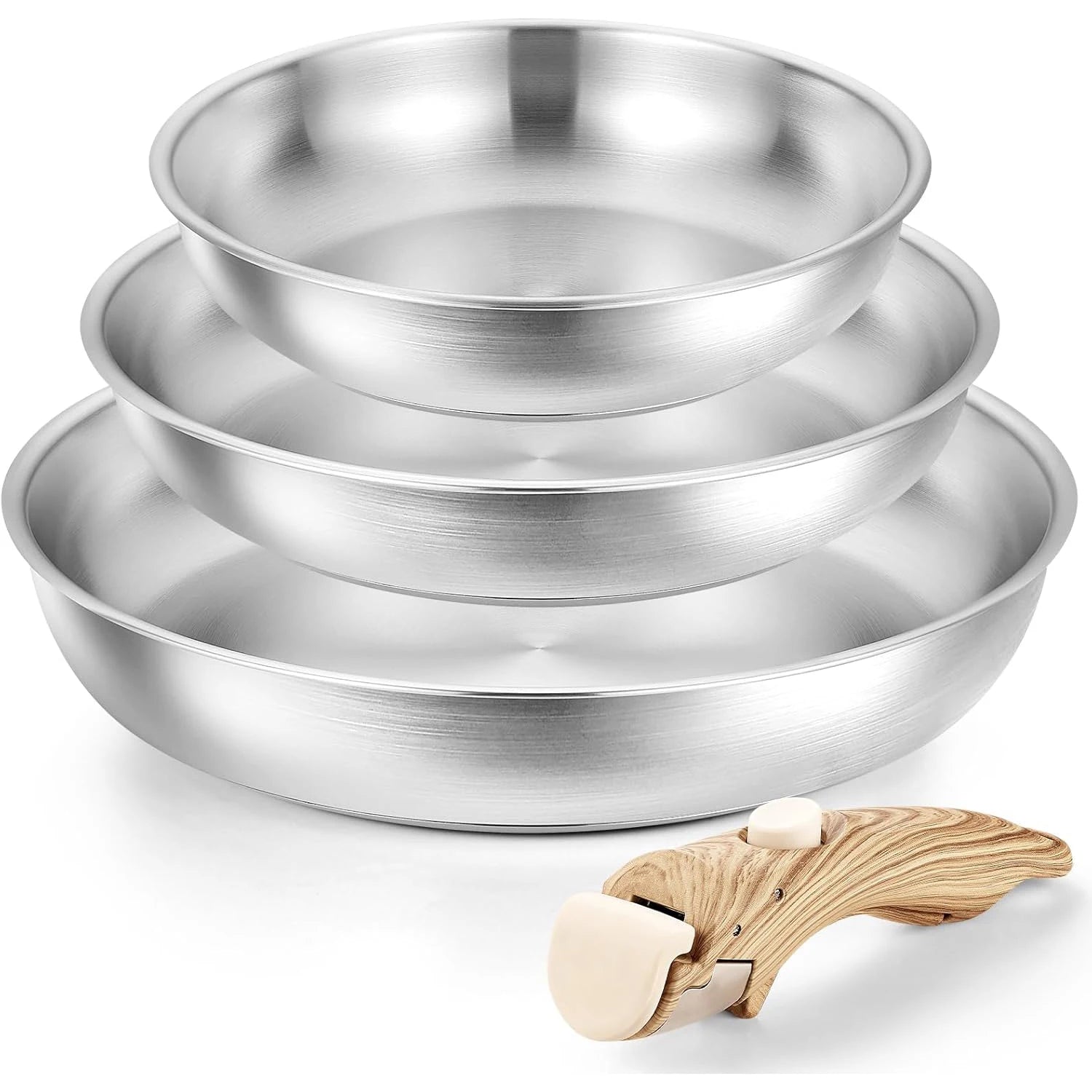 Stainless Steel Frying Pan Set with Removable Handle Induction Compatible 4PCS