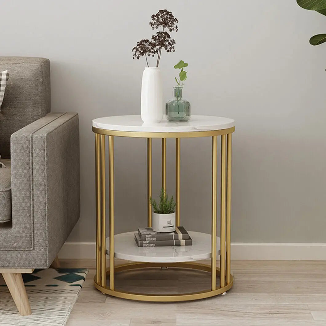 2-Tier Round Side Table with Marble-Style Top and Storage Shelf Gold and White