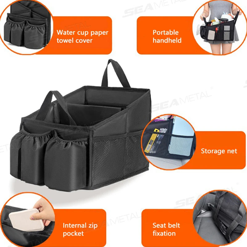 Vehicle Under Seat Storage Bag 25cm Foldable Oxford Fabric Organiser with Drink Holder Storage Pocket