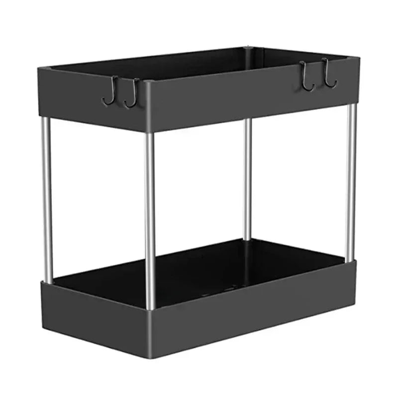 2 Tier Under Sink Storage Organizer with Sliding Drawer and Side Hooks Cabinet Shelf Rack – Black