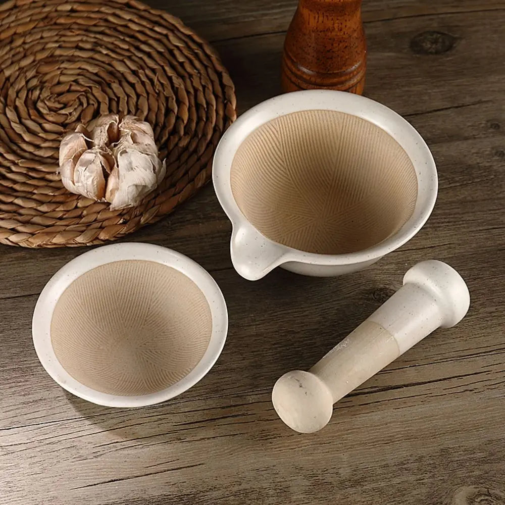 Ceramic Mortar and Pestle Set Spice Herb Garlic Grinder Bowl Kitchen Food Preparation Tool – White