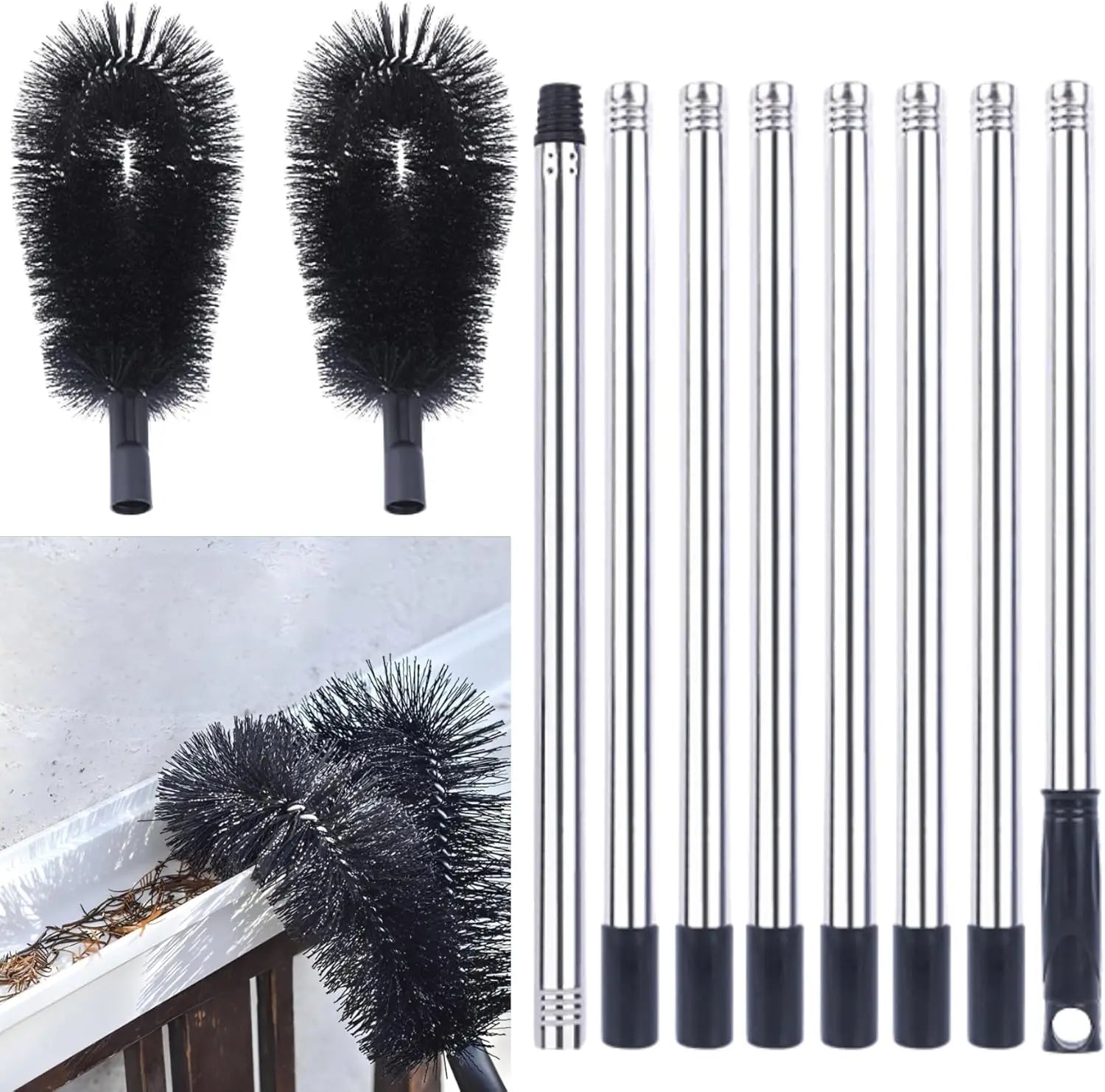 Gutter Cleaning Tool  Adjustable Brush Kit Stainless Steel Long Reach Cleaner 10ft
